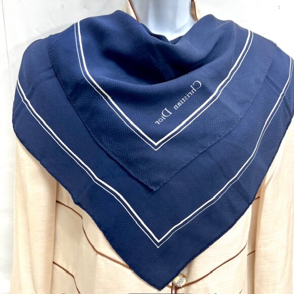 Unused  Christian Dior 100% Silk Scarf  Satin 29"x29  navy blue white line  (18 - Picture 1 of 8